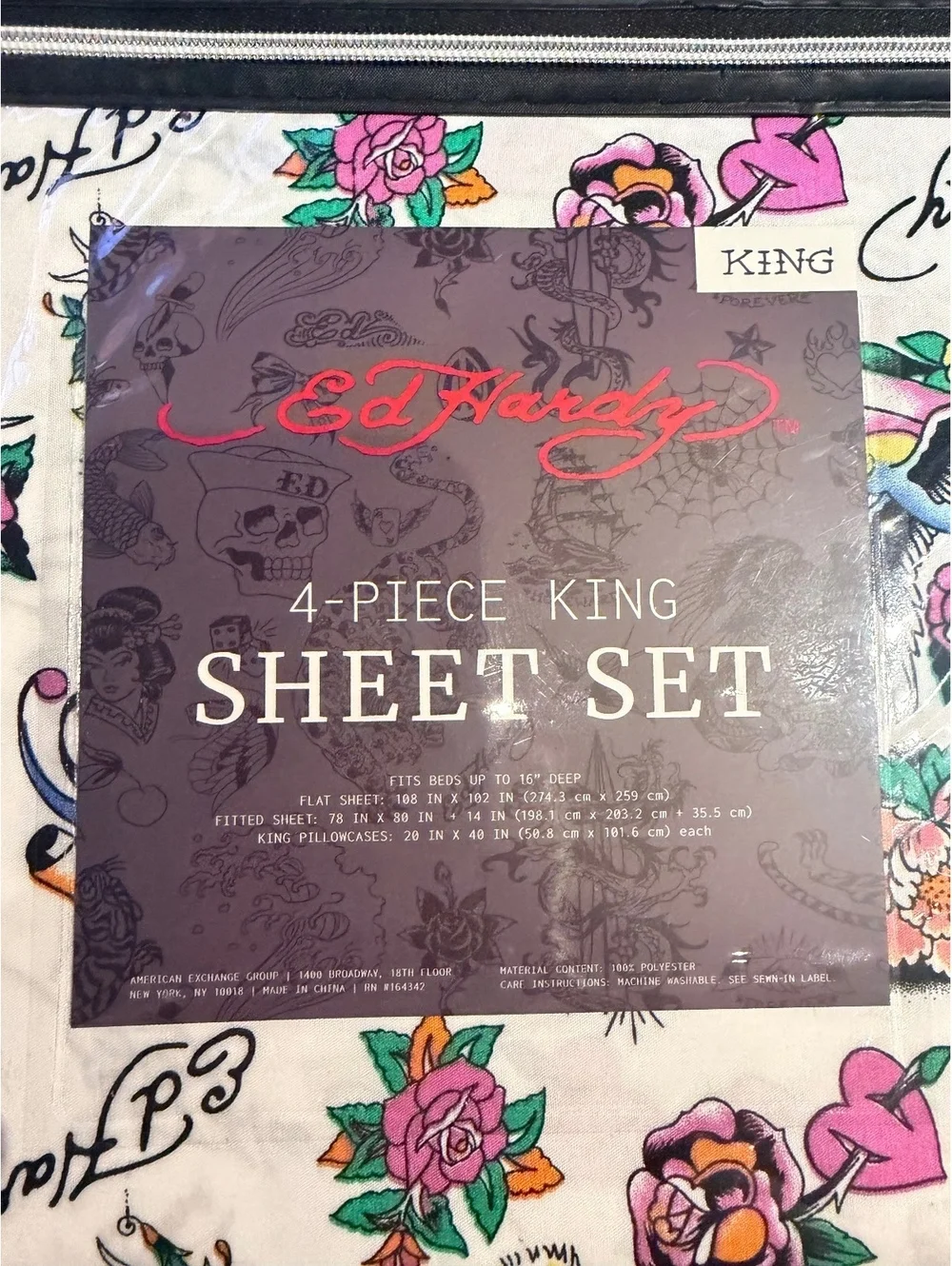 Ed Hardy King 4 Piece Sheet Set White Tattoo Floral Y2K NWT